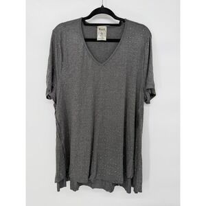 Vocal Womens Grey Rhinestone Embellished V Neck Short Sleeve Tunic Top Plus Size